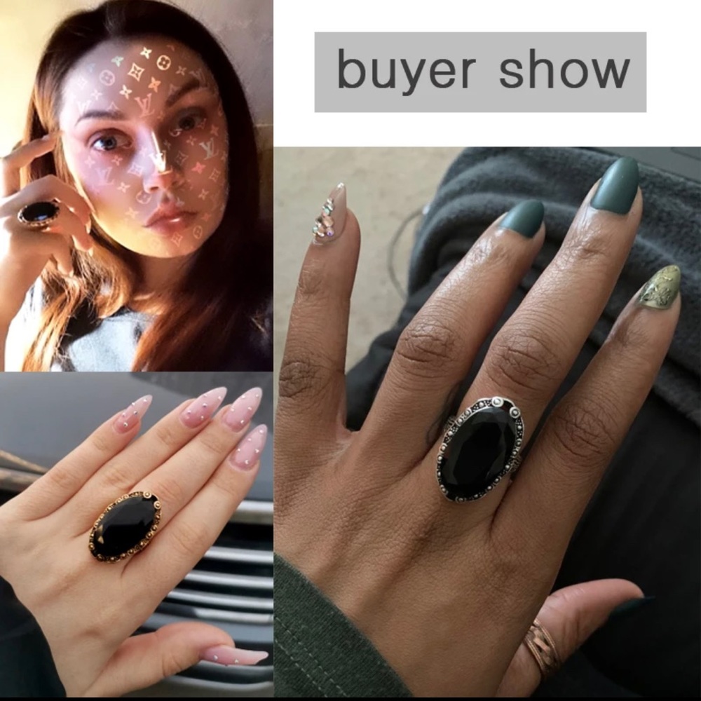 New Vintage Big Black Oval Stone Ring - Picture 3 of 7
